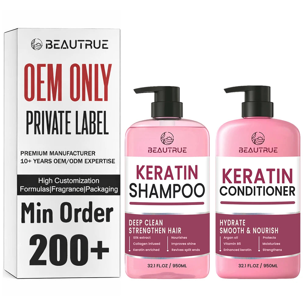Private Label Keratin Shampoo Conditioner Set Thickening Treatment Dry Damaged Curly Frizzy Color Treated Hair Anti Frizz Unisex