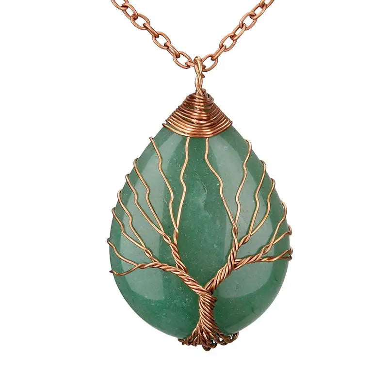Tree of Life Wire Wrap Water Drop Necklace Pendant Reiki Natural Gemstone Aventurine Jewelry