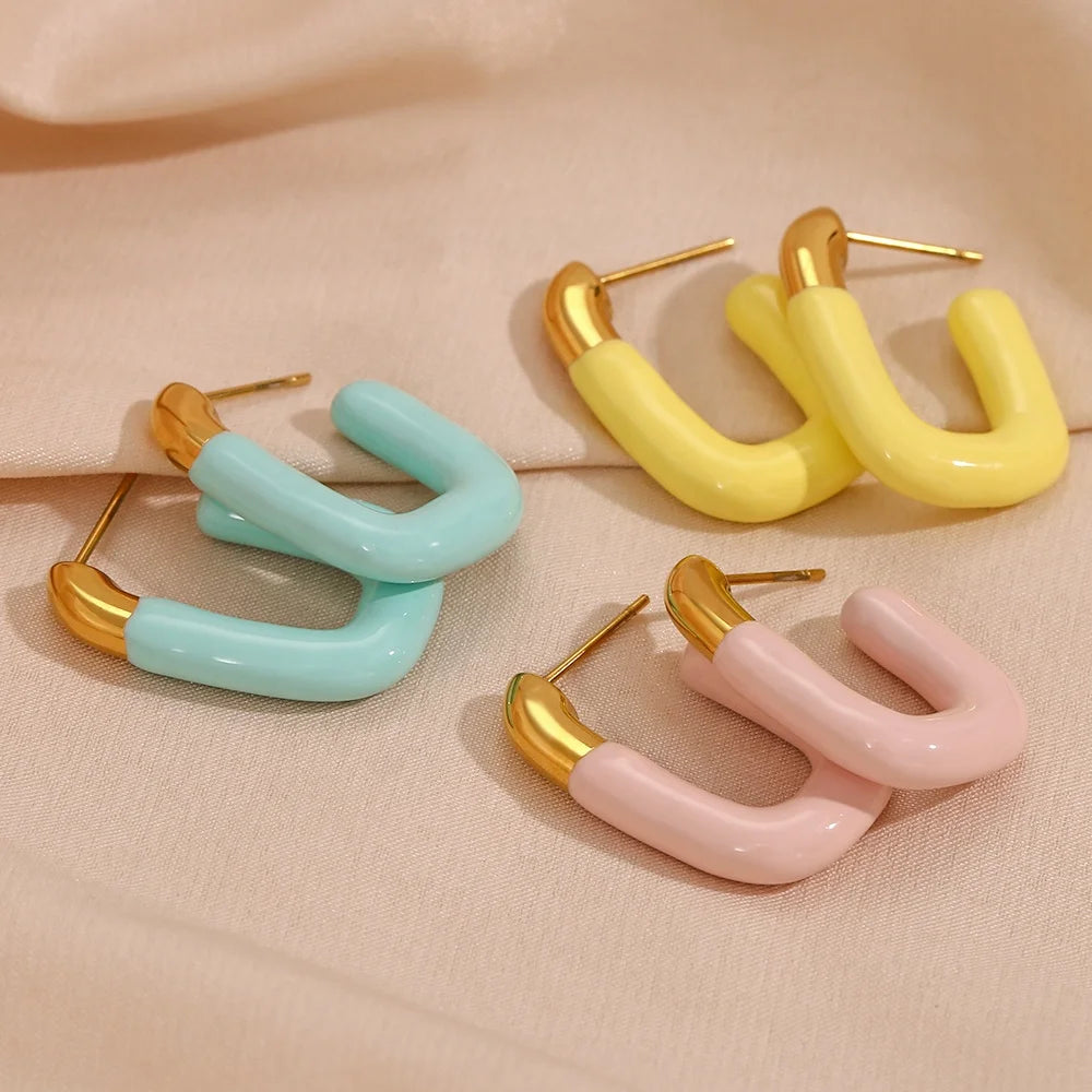 Dreamshow Enamel Earrings 18k Gold Plated Hoop Earring Stainless Steel Stud Earrings Couple Jewelry