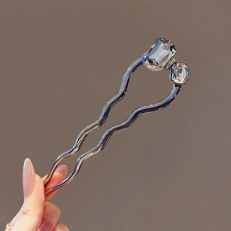 French Elegant Black Crystal Step-Shaking U-Shaped Hairpin Chinese U-Shape Hair Stick Hairpin Ancient Hair Bun Forks Chopsticks