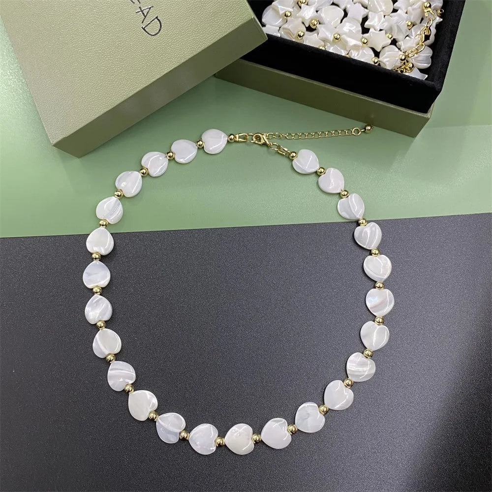 Jiingcan Crystal Fashion Heart and Star Bohamien Beaded Necklace Gold Beads and Natural Shell Beads Necklace