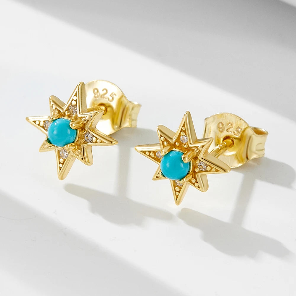 Fashion Accessories S925 Sterling Silver 14K 18K Gold Plated Zircon Turquoise Gemstone Starburst Stud Earrings Jewelry