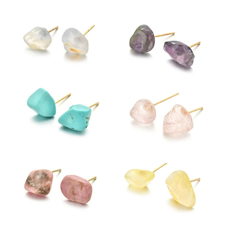 Handmade Fashion Natural Gem Raw Irregular Stone Stud Earring Jewelry Women Earrings Studs pink Blue Purple White