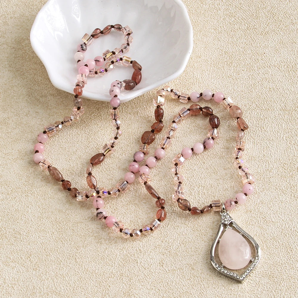 Fashion New Bohemian Style Women's Jewelry 6mm Natural Stone Glass Knot Necklace Natural Stone Drop Pendant Necklace