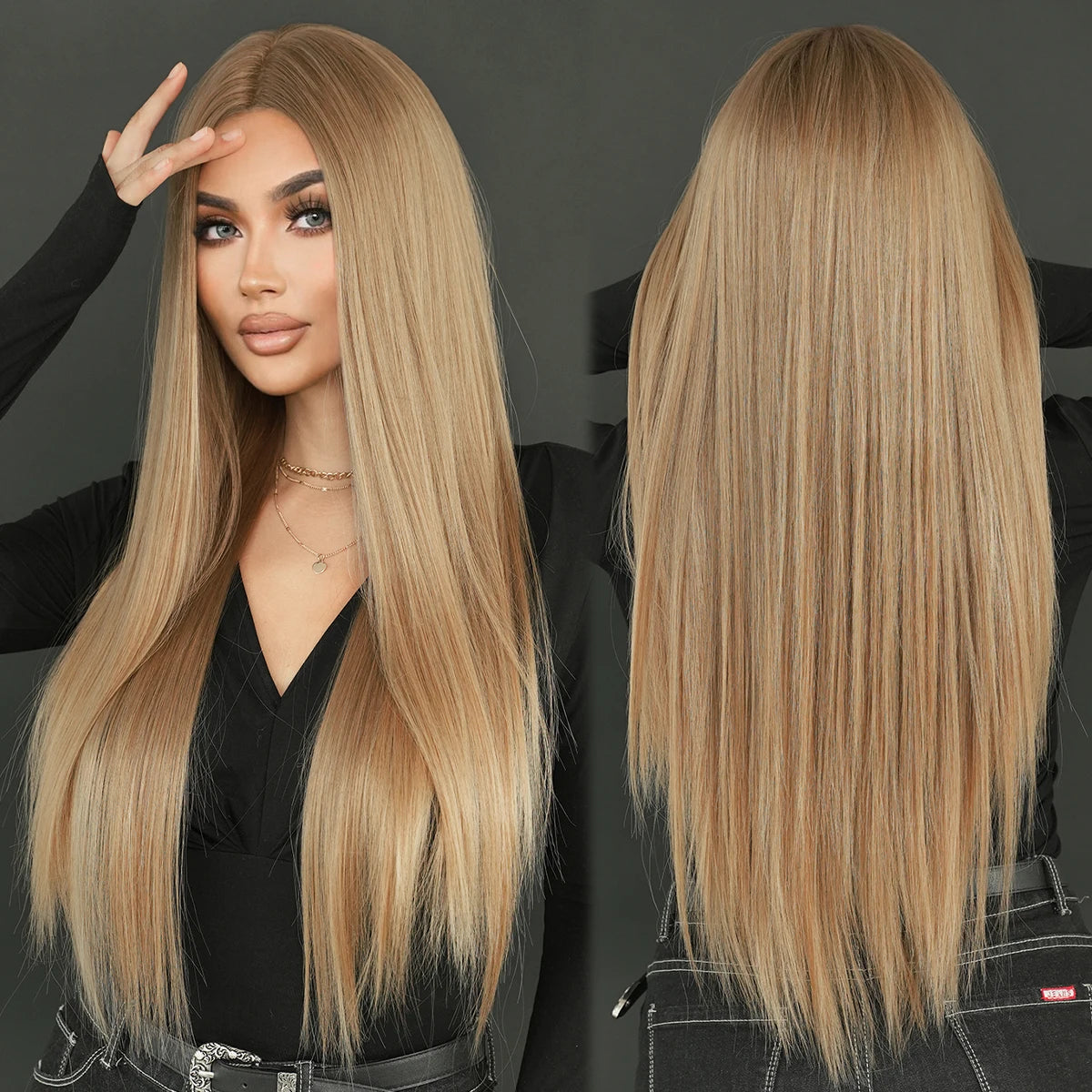 613 Blond Synthetic Hair Wigs 32 Inch Long Straight Hair with Bangs Middle Parted Ombre Blond Wigs Perucas for Women Daily Use MegaBDM