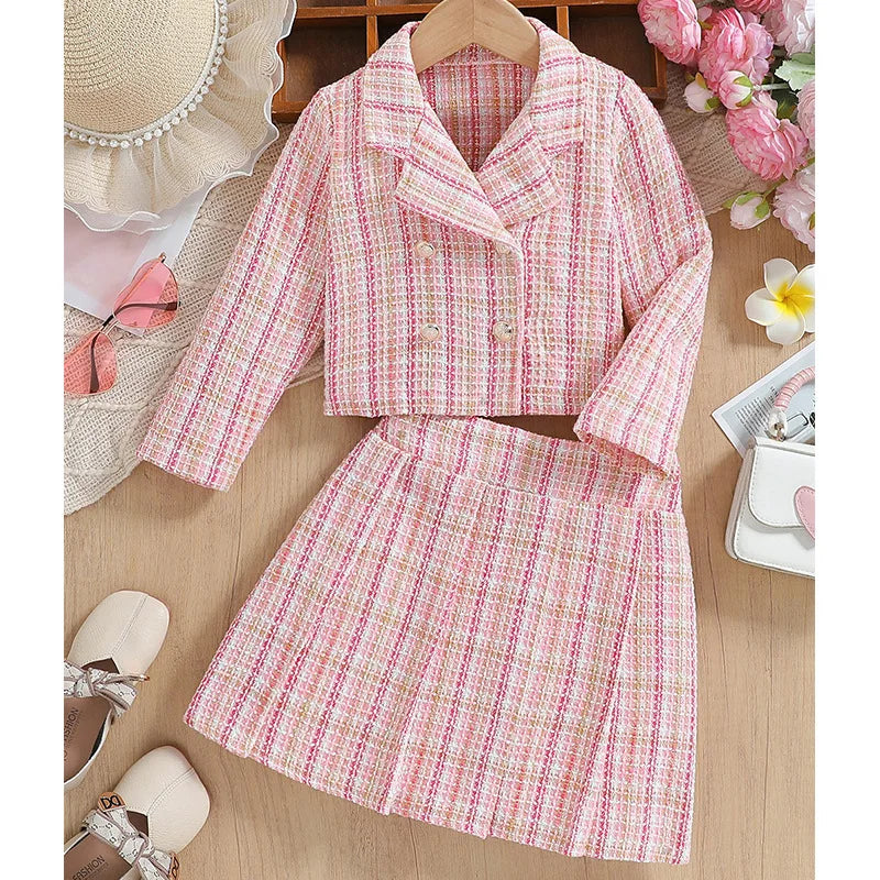 2025 Hot Sale Spring Autumn Children Plaid Outfits 2pcs Jacket+Skirt Casual Kids Teenagers Girl Clothes Sets