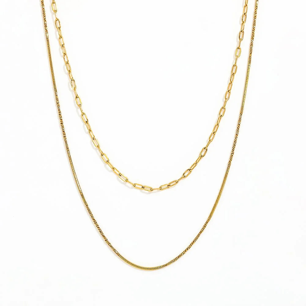 Joolim Jewelry 18K Gold Plated Double-Layer Necklace Square Snake Chain Paper Pin Link Vintage Stainless Steel Wholesale