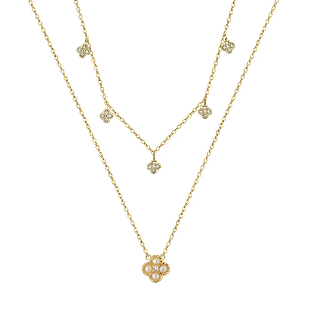 Wholesale S925 Gold Plated Four Leaf Clover Pearl Necklace Double Layer Adjustable Chain for Women Teen Girls Valentine Gift