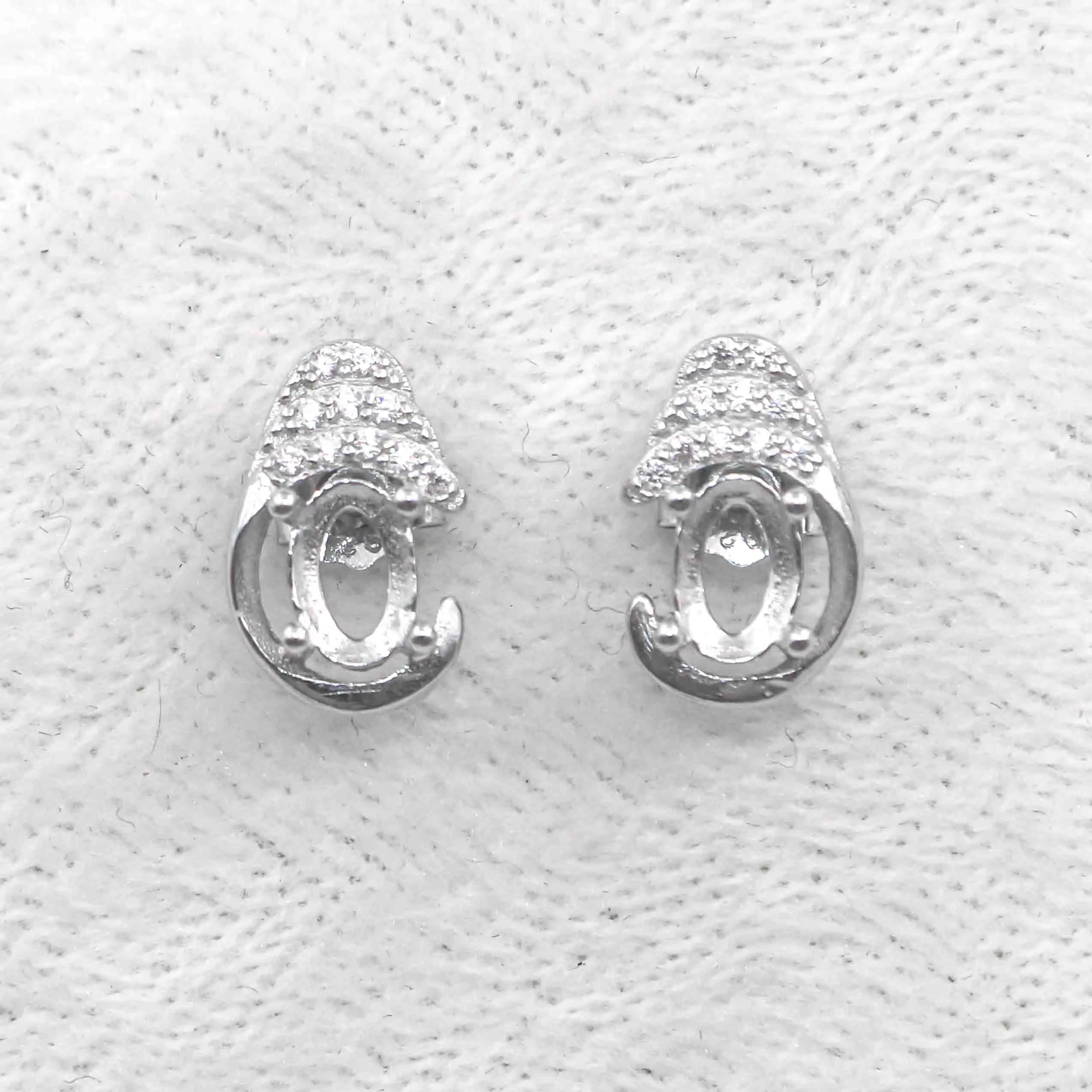 Sterling Silver 4*6mm Semi Mount Stud Earrings Empty Support Blank Claws Setting S925 Base Without Center Stone for DIY Inlay