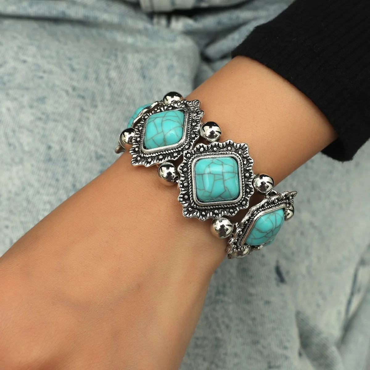 Boho Style Geometric Western Elastic Turquoise Bracelet for Woman