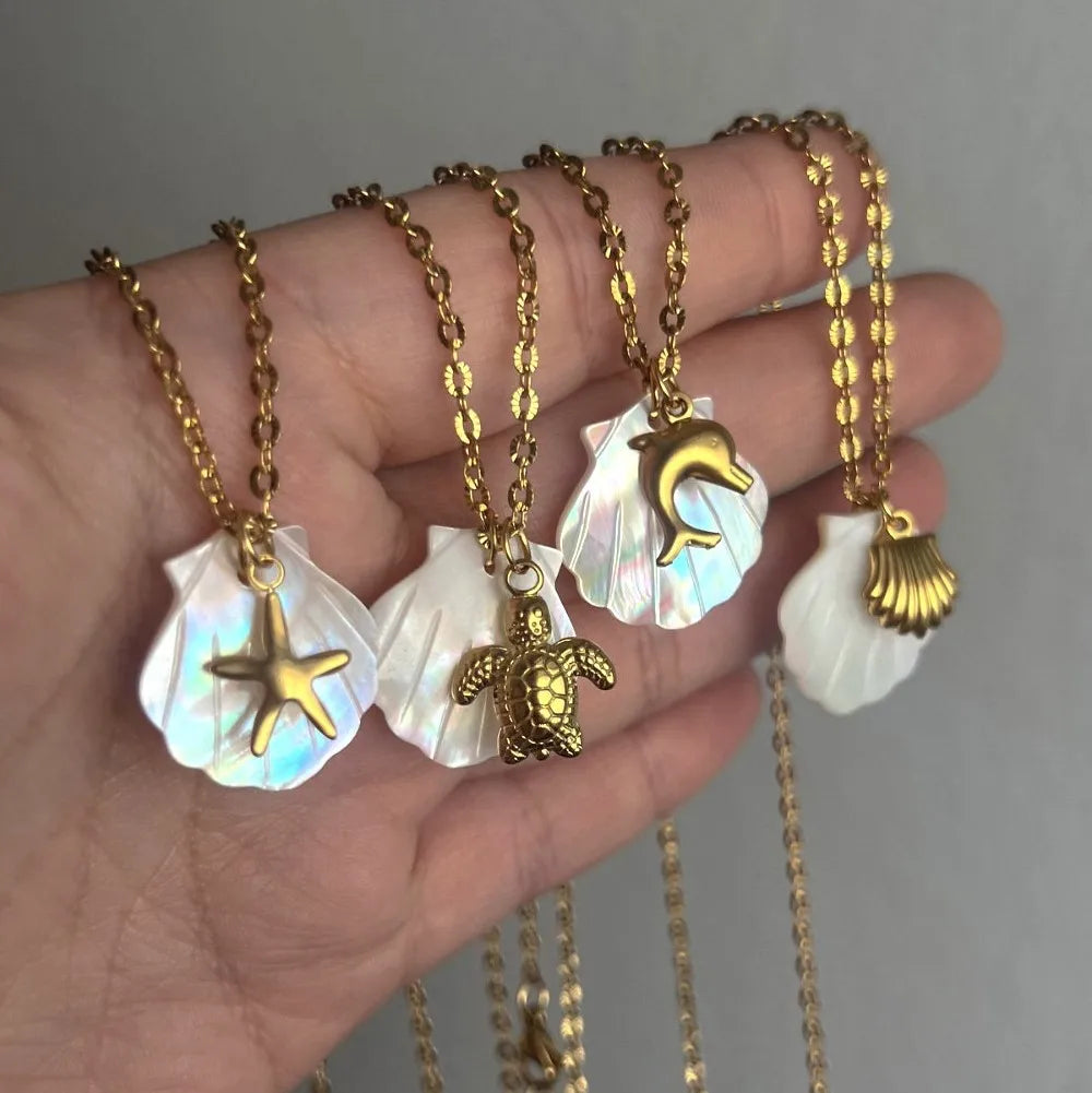 Fashion Beach Necklace Starfish Conch Shell Pendant Necklace Stainless Steel 18K Gold Necklace