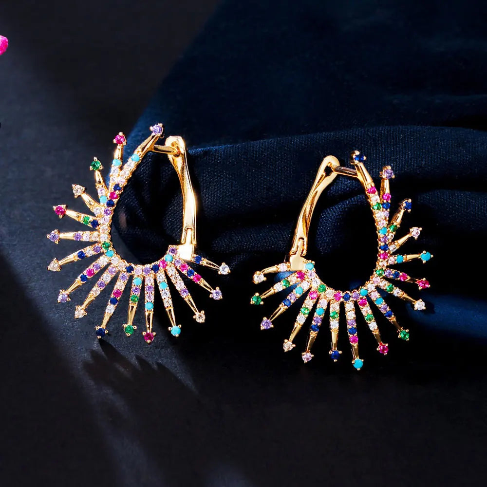 Unique Design Blossom Firework Colorful Cubic Zirconia Big Hoop Earrings for Women Fashion 18k Gold Plated Copper Punk Jewelry MegaBDM