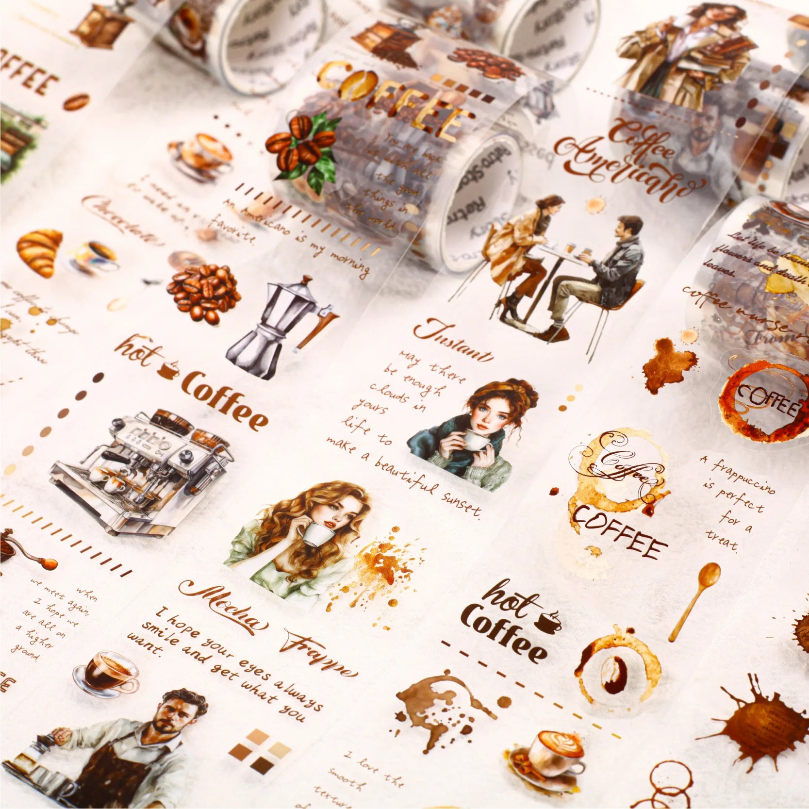 Coffee Town Series 1Roll Die-Cut Tape Waterproof PET Material Rubber Adhesive Single Sided Material Backing Stickers for Masking