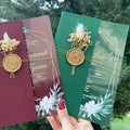 Emerald Green Burgundy Luxury Elegant Acrylic Wedding Invitation Cards Enveloppes With Wax Seal and Dried Flower for Quinceanera