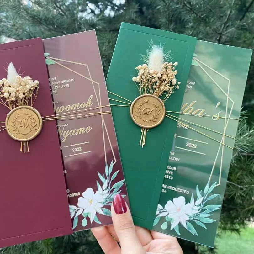 Emerald Green Burgundy Luxury Elegant Acrylic Wedding Invitation Cards Enveloppes With Wax Seal and Dried Flower for Quinceanera