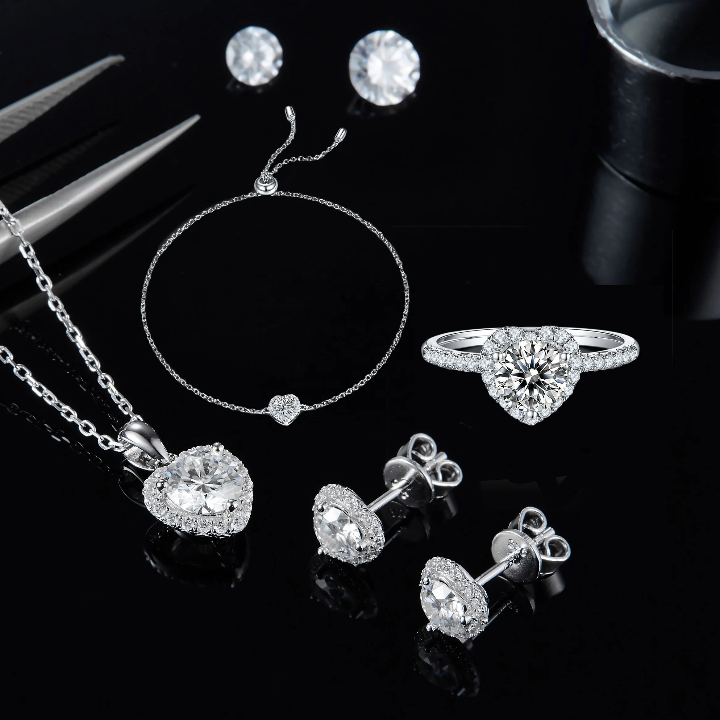 Abiding Jewelry Wholesale Sterling Silver 925 Jewellery Moissanite Heart Necklace Jewelry Sets