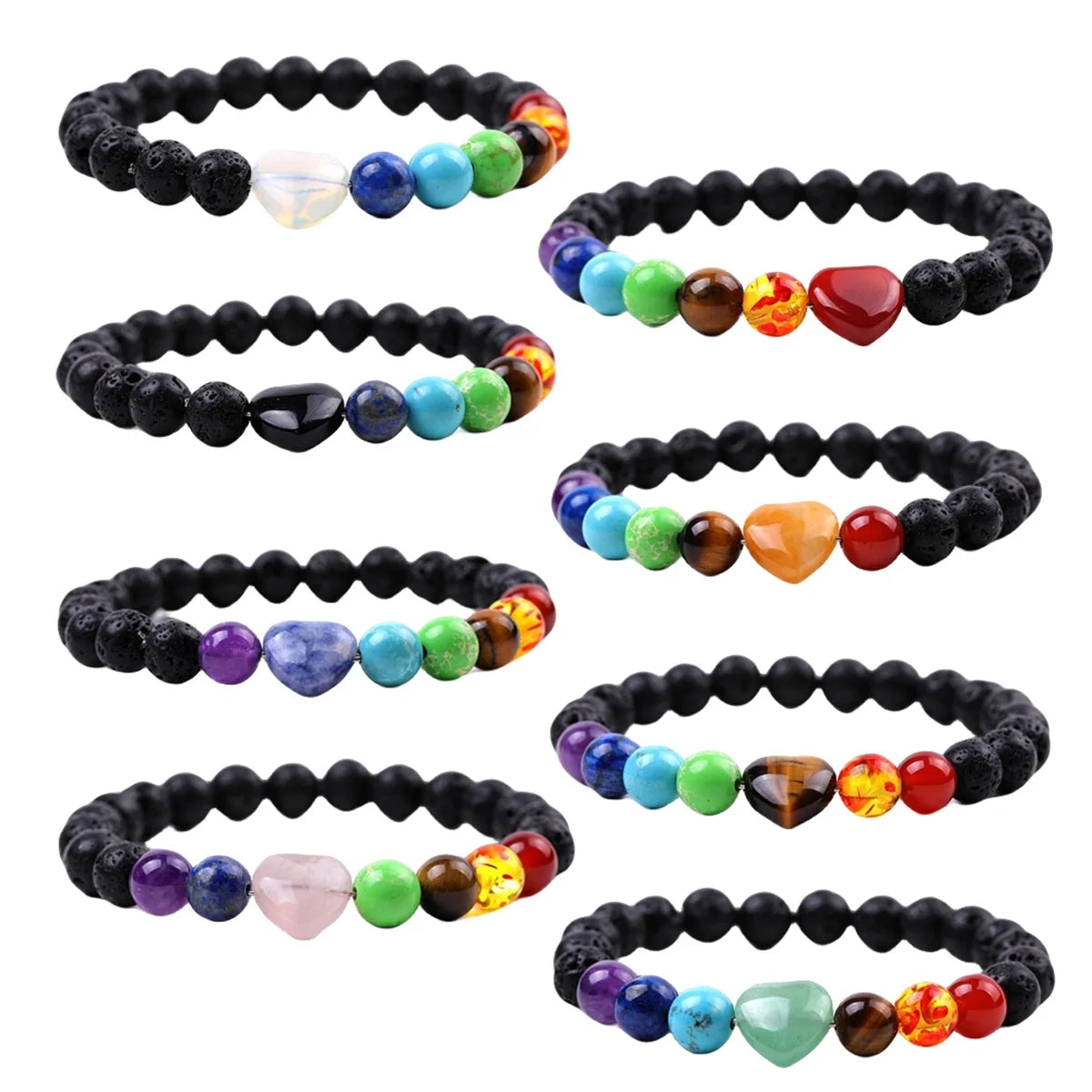 Mixed Color Healing Crystals Stone 7 Chakra Pray Bracelets Jewelry Energy Lava Stone Bracelets for Men Women with Heart Gemstone