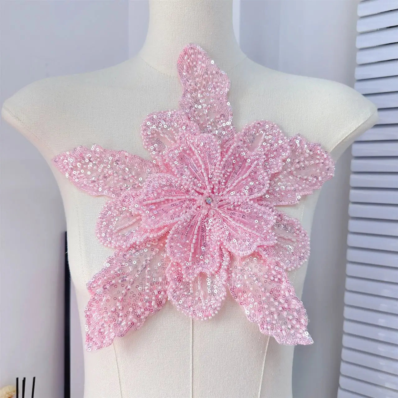 Hot Sale Luxury pink Beaded Flower Applique With Sequins Shining Panel Wedding Woman Dress Accessories Cut Work