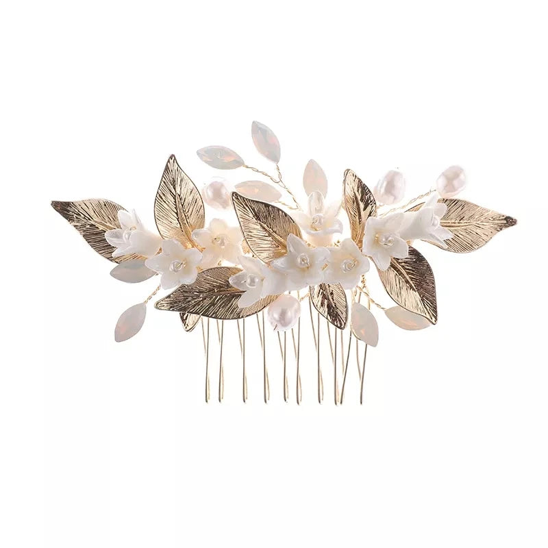 Luxury Crystal Bridal Fashion Accessories Hair Jewelry Headpiece Gold Leaf Ceramics Pearl Wedding Hair Side Combs