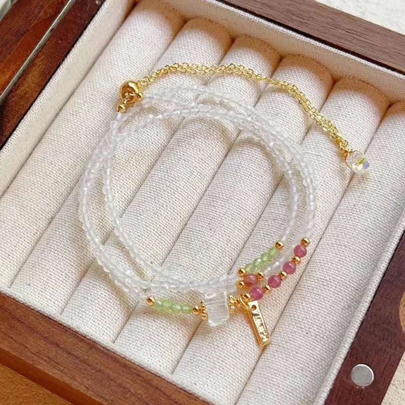 Natural Hand Made clear Quartz pink Tourmaline Peridot Necklace Natural Crystal Gemstone Fine Jewelry