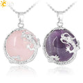 CSJA Wholesale Dragon Zodiac Natural Crystal Pendant Necklace Amethyst Rose Quartz Turquoise Stone Necklace for Women F304