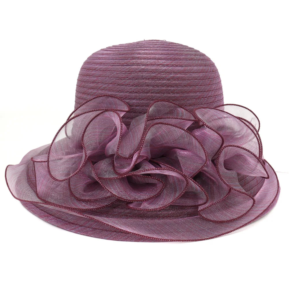 X1636 Luxury Lady Summer Hat Floral Derby Wide Brim with Ruffle for Church Party or Wedding for Outdoor Use