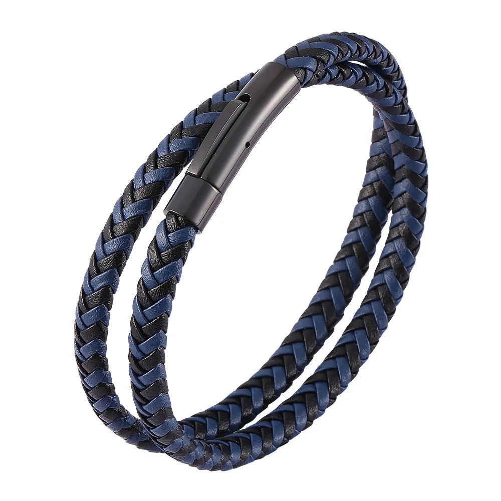 Adjustable Men Bracelet Stainless Steel Clasp Antique Color Real Genuine Leather Wrap Bangles Long Type Men's Jewelry OT-132