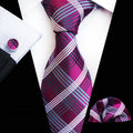 Silk Men's Tie Set Black Red Plaid Striped Handkerchief Cufflink 8cm Necktie