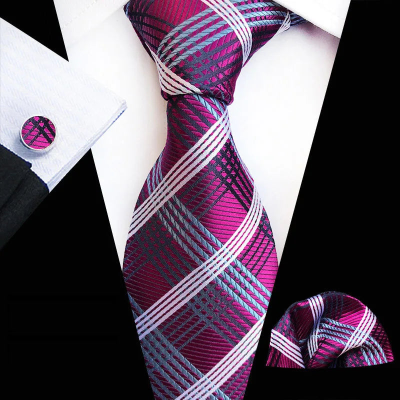 Silk Men's Tie Set Black Red Plaid Striped Handkerchief Cufflink 8cm Necktie
