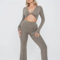 Gym Clothing Women Crop Top Sexy Long Sleeve V Neck Shirts Twist Front Slim Fit Workout Top Flared Leggings Set