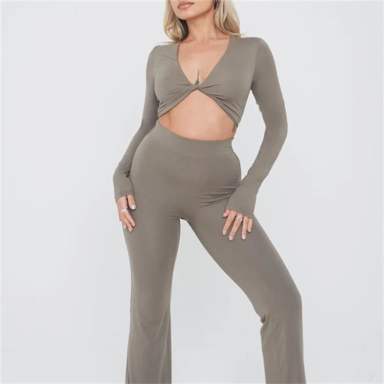 Gym Clothing Women Crop Top Sexy Long Sleeve V Neck Shirts Twist Front Slim Fit Workout Top Flared Leggings Set
