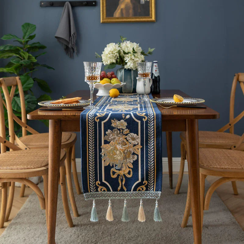 JU-265 Modern Chenille Tassel Flower Rectangle Table Runner