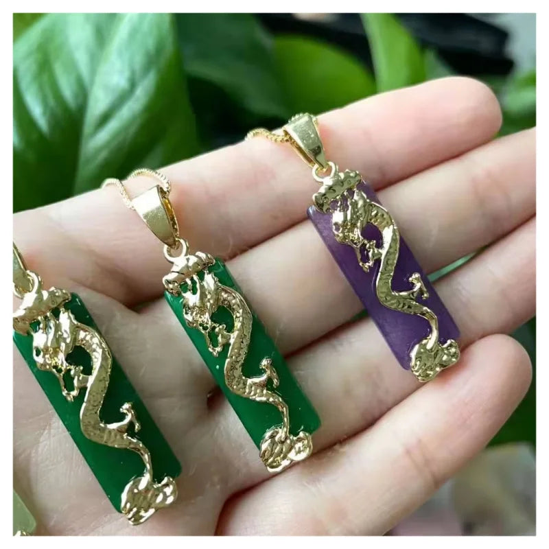 2024 Best Seller Fashion Jewelry Fine Necklaces Chinese Stone Gold Charm Green pink Jade Dragon Pendant Necklace for Women
