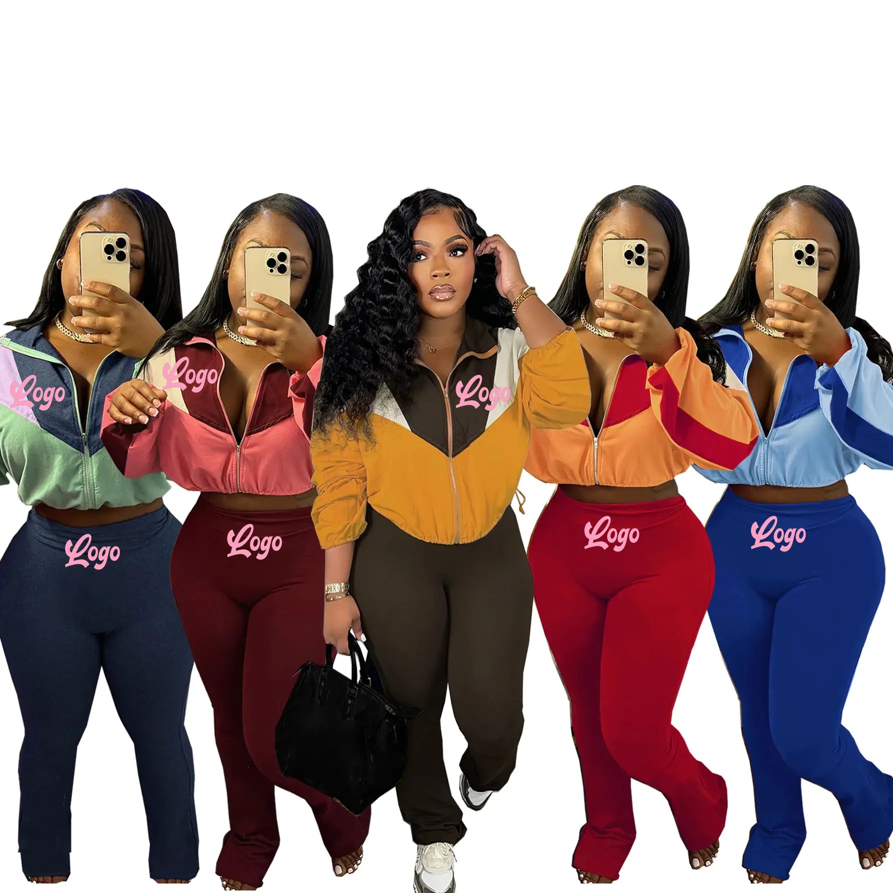 Custom Logo New Arrival Patchwork Tracksuit for Women Long Sleeve Zip up Tracksuit Crop Top Hoodie Jogging Suit Two Piece Set