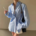 Boutique Wholesale 2026 Spring Retro Polo Collar Single Breasted Loose Casual Versatile Pocket Long Sleeve Striped Women's Shirt