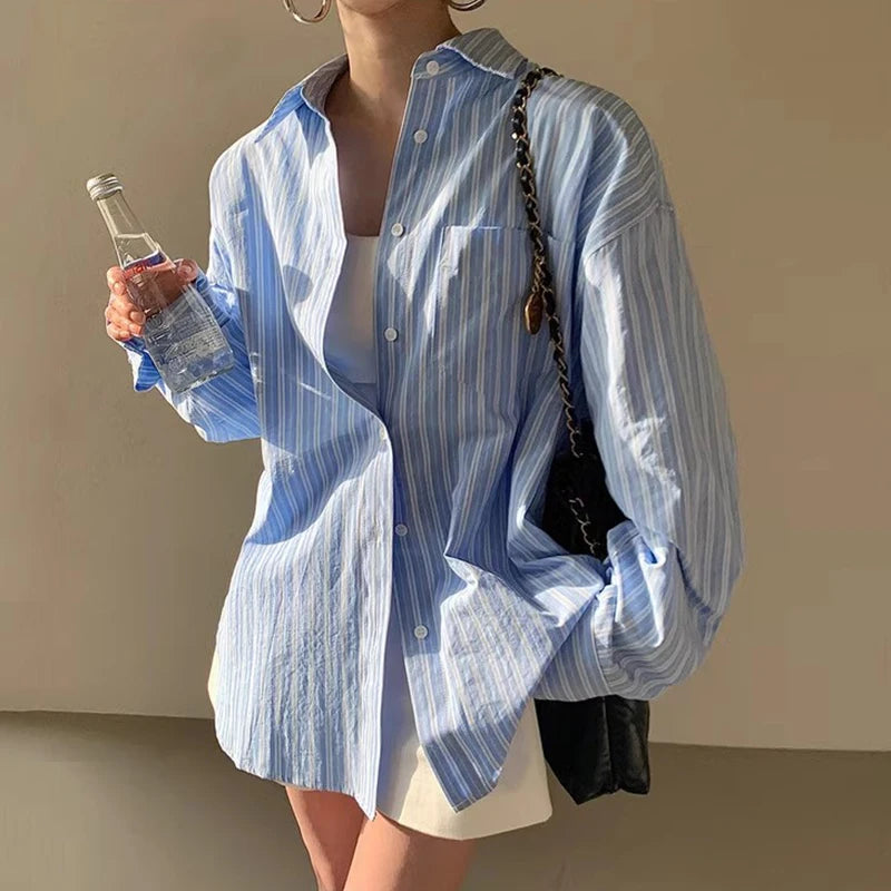 Boutique Wholesale 2026 Spring Retro Polo Collar Single Breasted Loose Casual Versatile Pocket Long Sleeve Striped Women's Shirt