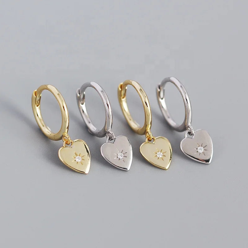 Cute Earrings Designs Sunshine Heart Charm CZ Pave Setting S925 Sterling Silver Huggie Hoop Earrings for Women Girls Gift