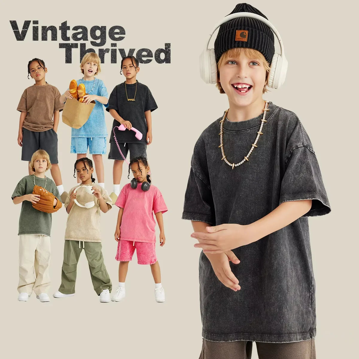 New Fashion Vintage Children's Clothing Set Washed Retro Dark Kids Loose Suit Vintage Children's T-shirt
