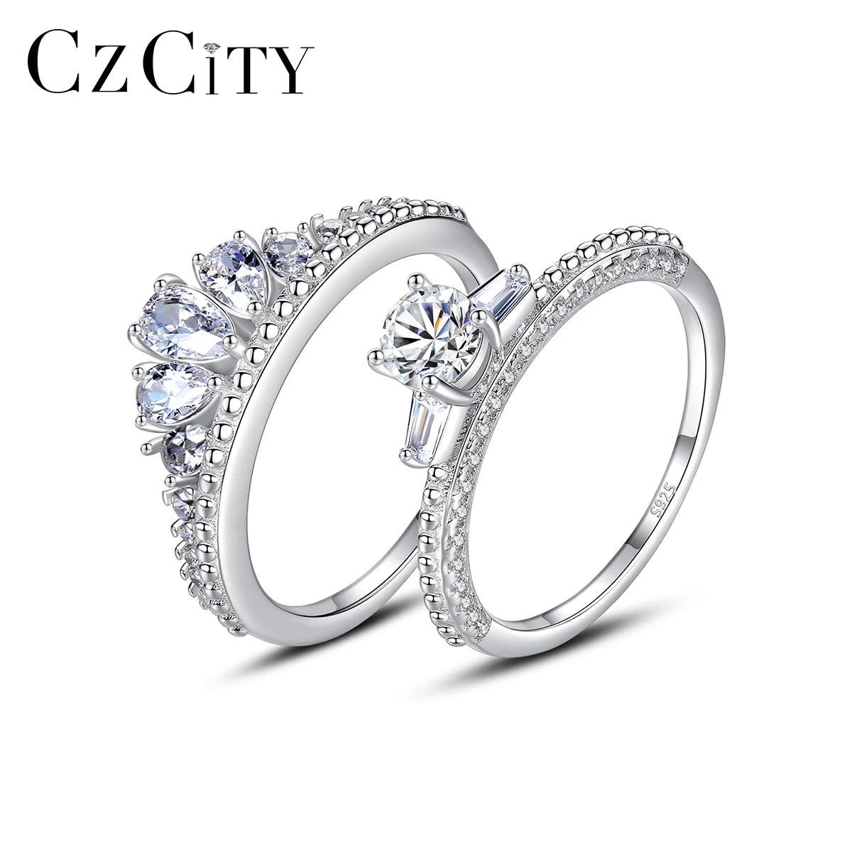 CZCITY Sterling Silver Engagement Rings 925 Stackable Sliver Ladies Tops Stacked Ring Jewelry