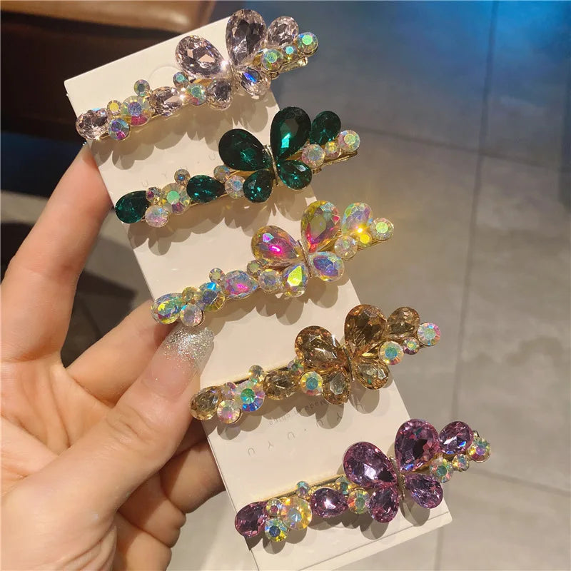 Colorful butterfly Big Czech Stone Short Long Hair Clip Accessories Crystal Stone Bobby Pins Hair up in a Bun Side Duck Clips