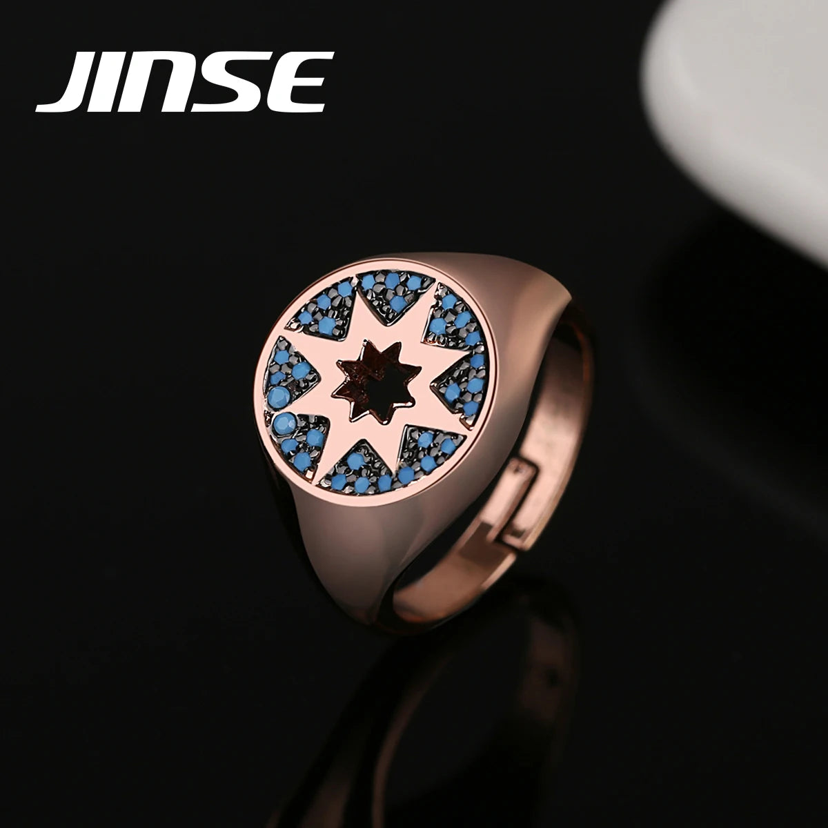 JINSE Adjustable Hip-Hop Men Double Fireworks Pattern Rose Gold Plated Rings for Men Women Wholesale