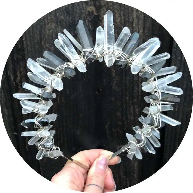 HZ Bride White Crystal Natural Headband Staggered Tying Method Crystal Headband Moon Staff Folk Crafts