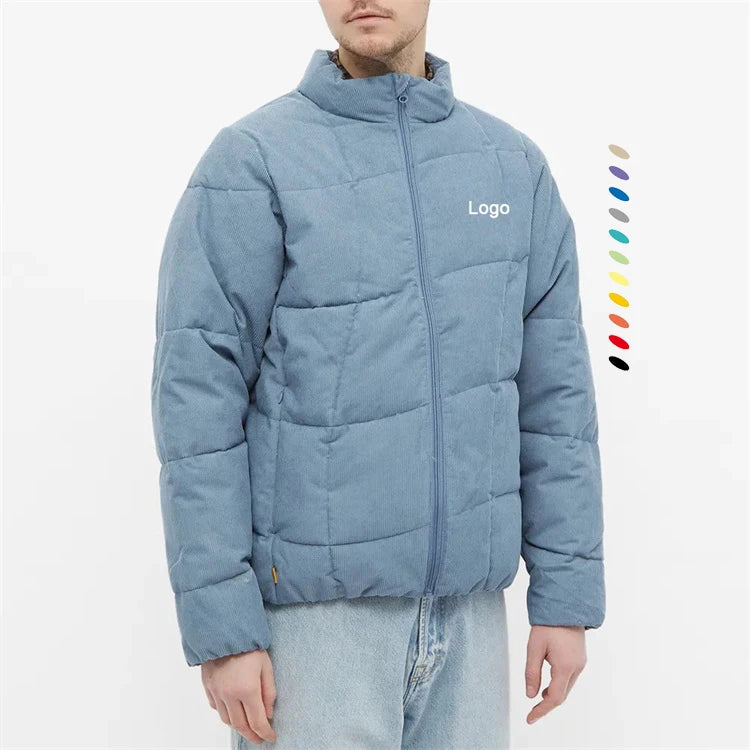 Custom Embroidered logo Stand Collar Full Zip Corduroy Down Puffer Jacket for Men