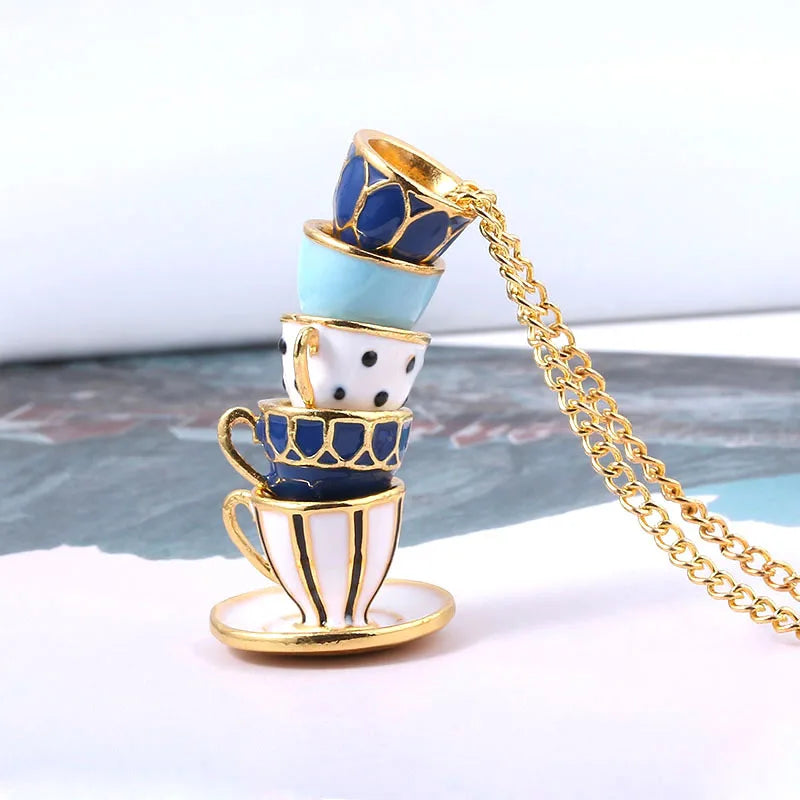 BINSHUO Women's Trendy Alloy Figaro Chain Necklace Personalized Sweater Charm with Enamelled Small Teacup Charm