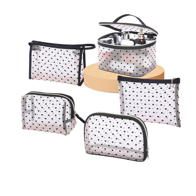 Trendy Love Pattern See Through Hollow Out Ladies Make up Organizer Pouch Travel Women Mesh Storage Custom Cosmetic Bag