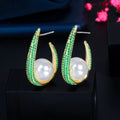 Creative Half Round Micro Pave Hot Pink Cubic Zirconia Pearl Drop Big Hoop Earrings for Women Unique Fine Jewelry