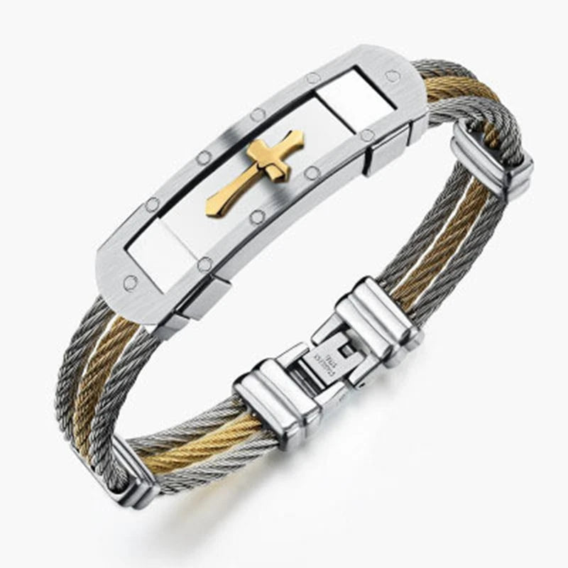 High Quality Mens Stainless Steel Cross Bracelet Bangle Cable Rope Twist Chain Christian Religious Symbol Bangle