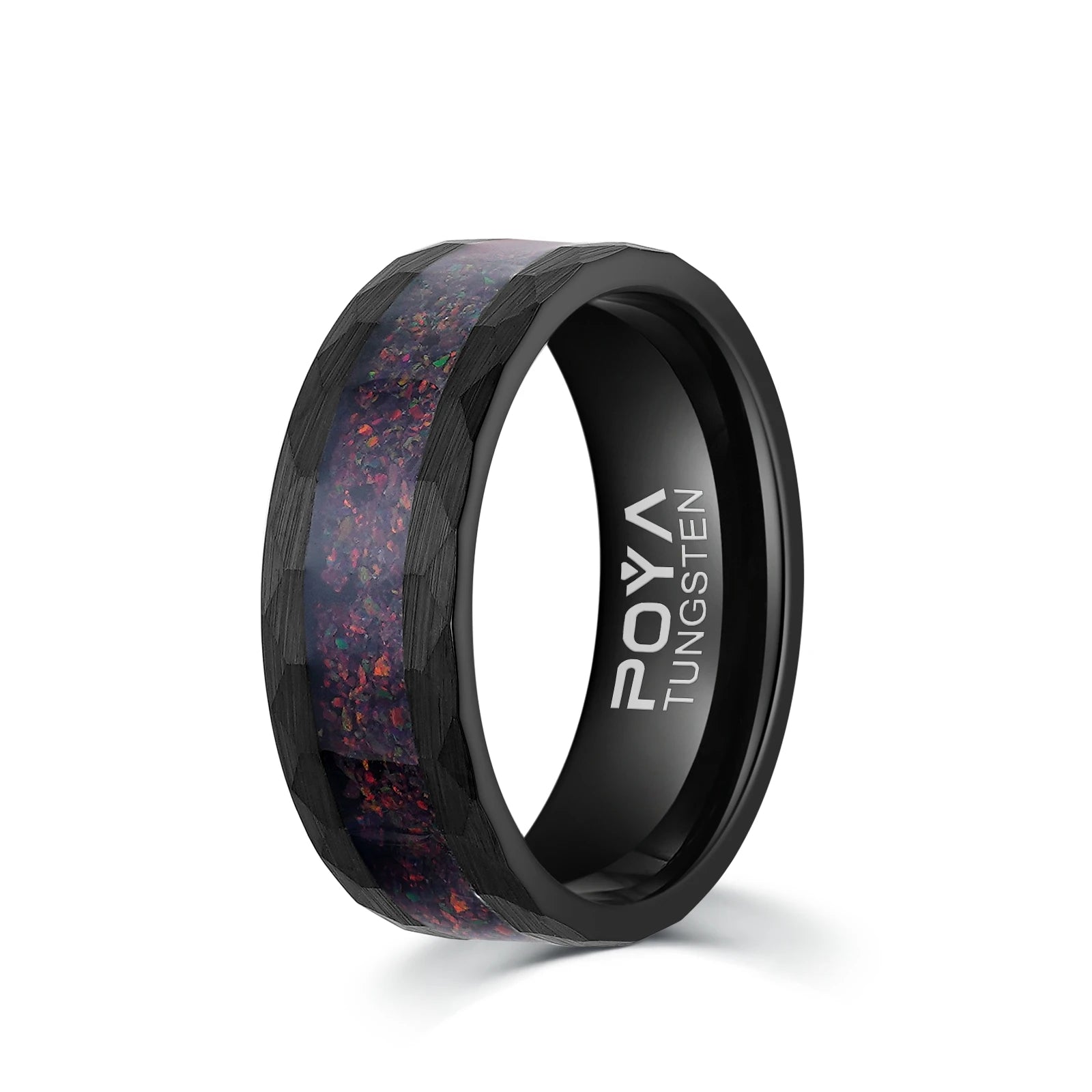 Poya Wholesale Mens Black Fire Opal Inlay Tungsten Carbide Rings With Hammered Edge
