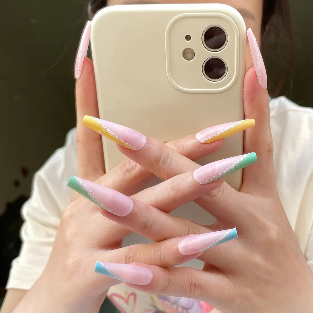 Cheap 24pcs Factory Simple Summer French Coffin Sliver Glitter False Nail Art ABS Materials Artificial Nails