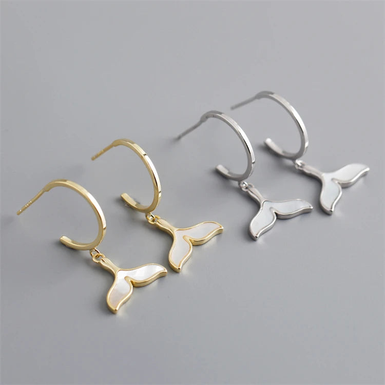 New Trendy White Shell Stone Whale Dolphin Tail Stud Earrings 18k Gold 925 Sterling Silver Summer Seaside Earrings